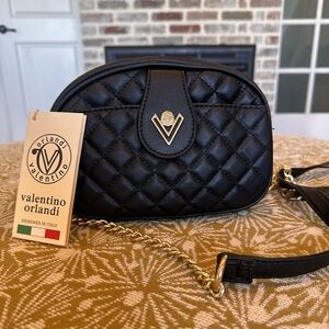 Valentino Orlandi Black Quilted Crossbody Bag with Gold Accents